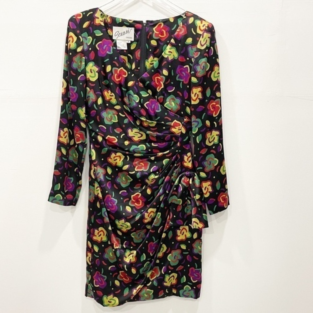 Scaasi Vintage 1980’s Silk Floral Faux Wrap Dress Long Sleeve Bow Black Size 4